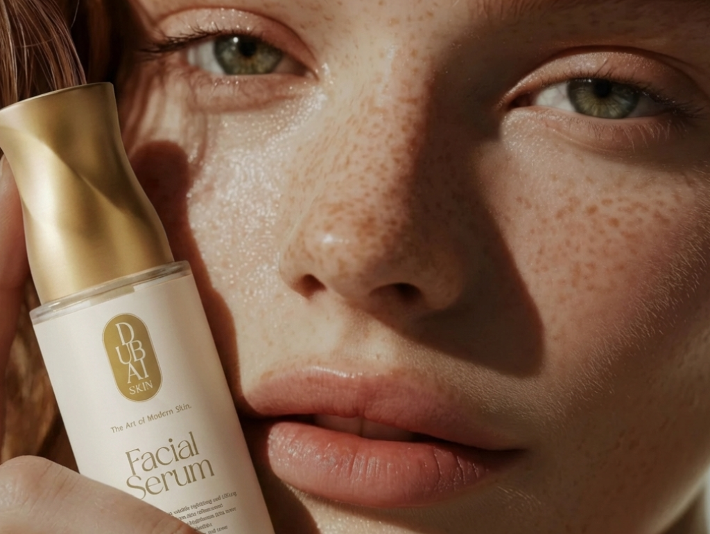 Close-up of a woman's face with a bottle of Dubai Skincare Facial Serum.