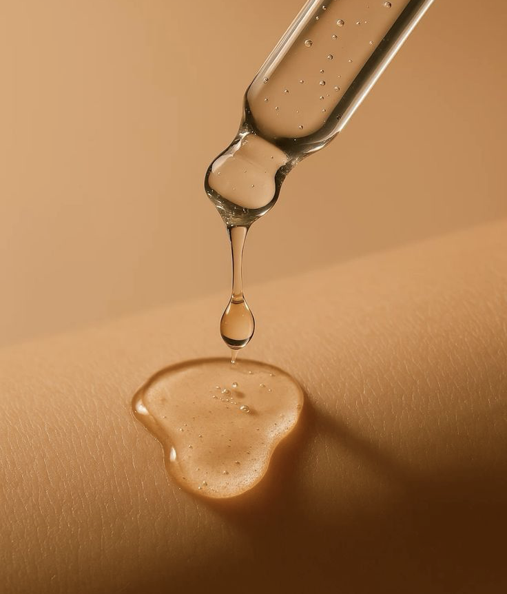 Syringe dropping liquid onto skin with a beige background