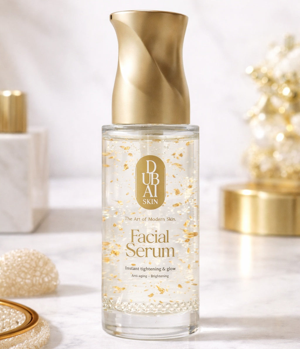 Facial serum bottle with gold cap on a white background